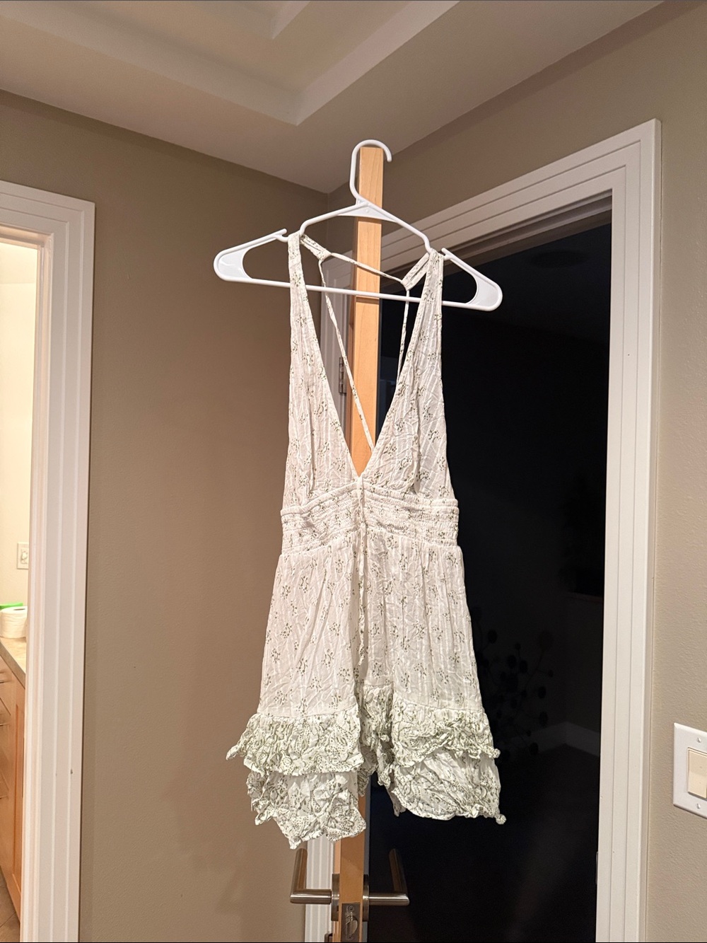 Free People Cream Lace-Trim Sleeveless Romper with Ruffle Hem